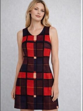 Vintage Vida Clothing Red Plaid Windowpane Sleeveless Dress Back Zip Sz 12